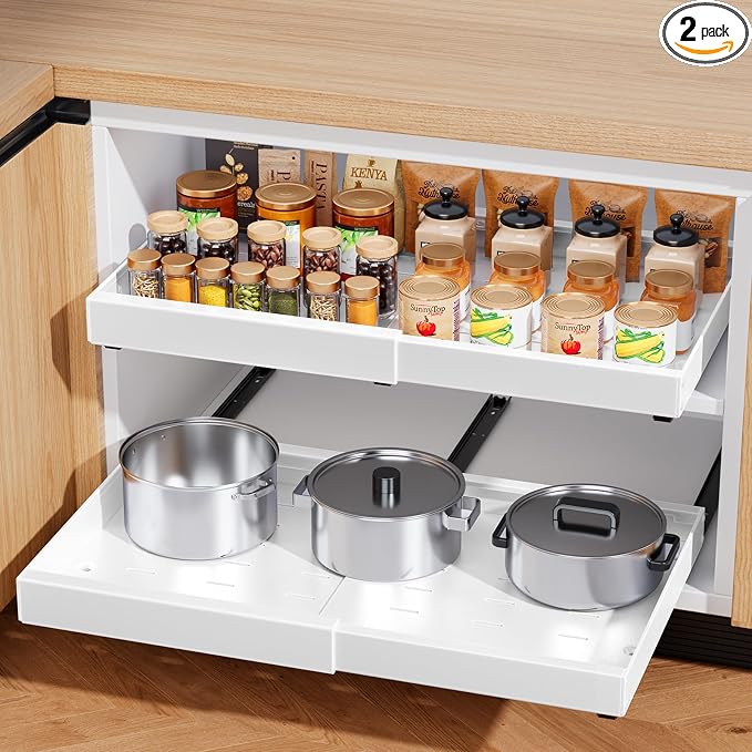 Pull Out Cabinet Organizer 21" Deep 2 Pack Heavy Duty Expandable(12.6"-21.3") Pull Out Drawers for Cabinets with Adhesive Adjustable Slide Out Drawers Roll Out Shelves for Kitchen Pantry Bathroom