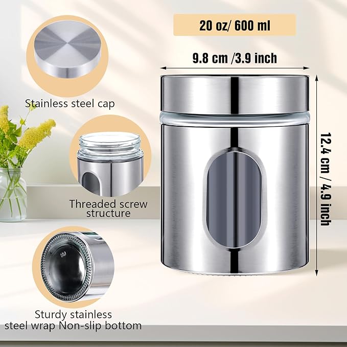 4 Pieces Kitchen Canisters Set 20 oz Stainless Steel Glass Canisters Airtight Coffee Sugar Tea Candy Jars Food Storage Container with Lid for Flour Cookies Spices Grains Kitchen Baking Home Decoration