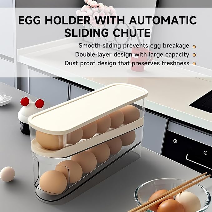 Rolling Egg Holder for Fridge, Egg Dispenser for Refrigerator, Automatic Rolling Storage Container for Countertop, Kitchen & Outdoor Use (3.35"x3.74"x11.02") 2 Pack