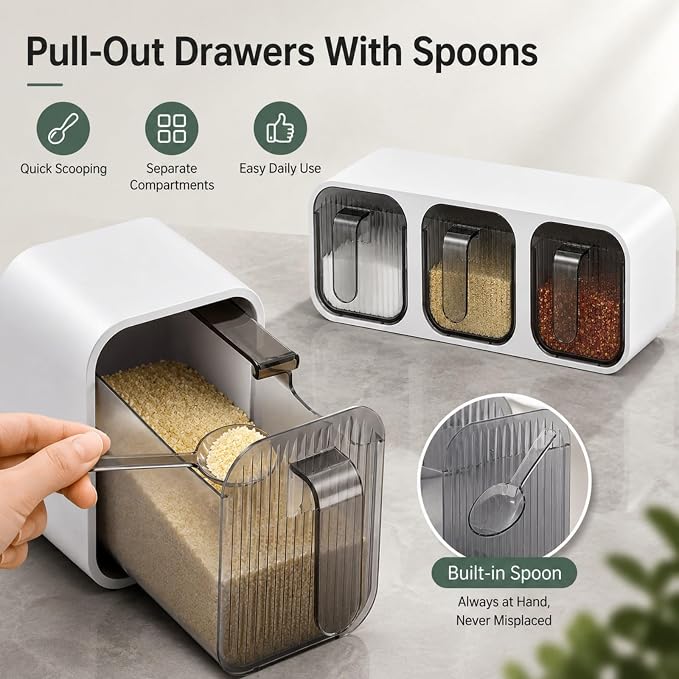 Wall Mounted Spice Box Organizer with Spoons, No Drill Kitchen Seasoning Containers for Salt Sugar Pepper, Pull Out Seasoning Storage Holder for Countertop Cabinet Pantry (Gray 3 Compartments)