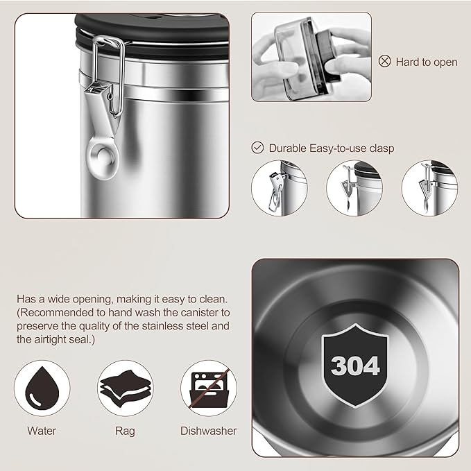 ShanSon Coffee Canister Airtight, Stainless Steel Bean Storage Container with Date Tracker & Scoop, Grounds Sugar Flour Tea Cereal Fits Kitchen Pantry, Ideal Gift for Coffee Lovers,22oz,Silver
