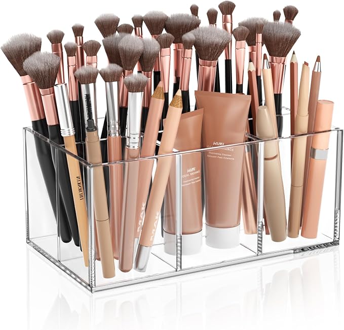 HIIMIEI Clear Makeup Brush Holder Organizer Acrylic 6-Slots Cosmetic Brushes Storage Organizer for Vanity Countertop