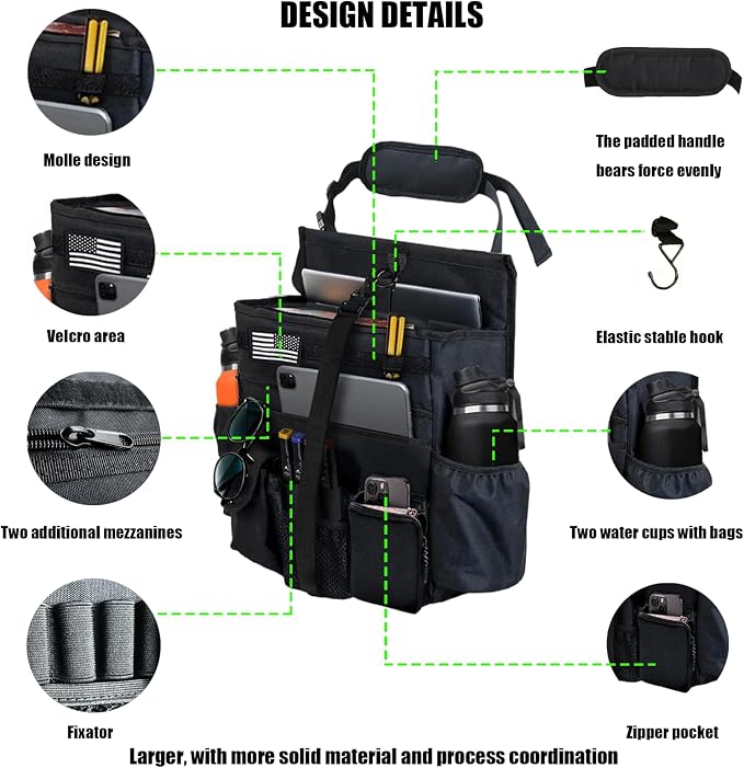2 Pack Front & Seat back organizer with dedicated tablet and 17 IN laptop storage stabilizers external stabilizing side straps soft adjustable shoulder straps hardened buckle (Large Black)