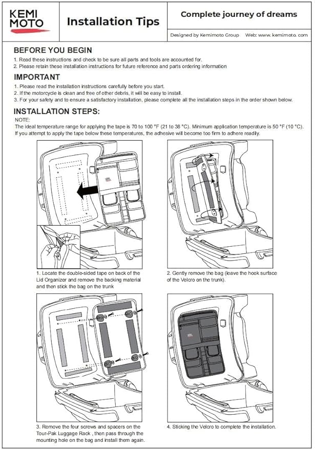 KEMIMOTO Tour Pack Lid Organizer for Road Glide Road King Electra Glide Street Glide Touring Travel-Paks