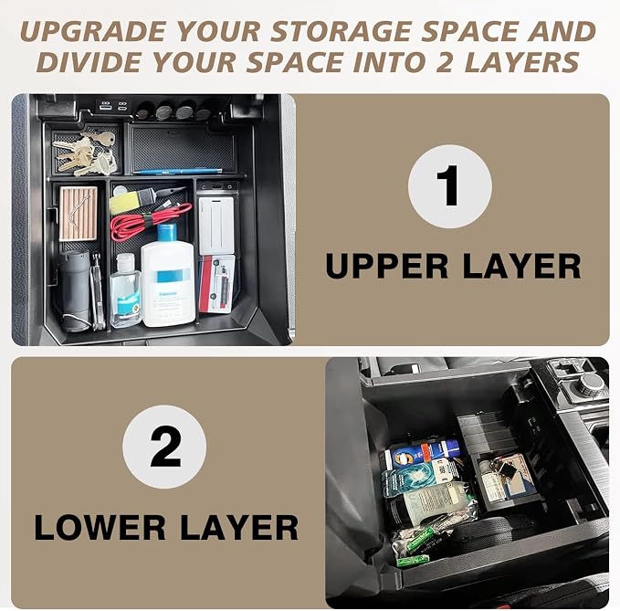 Muslogy Center Console Organizer Compatible with Toyota Tundra 2022-2025 2026 Accessories Middle Insert Box & Lower Center Console Storage Gear Shift Storage Box 2PCS Set(Console Organizer+Lower Tray)