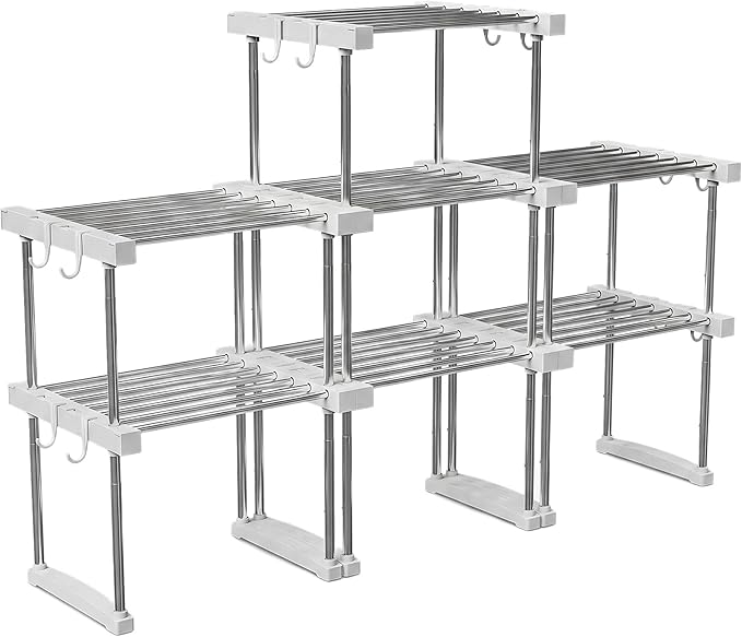 BLULEE Expandable Under Sink Organizer - 3D Adjustable Stackable Storage Shelves,Modular Cabinet Rack Around Pipes for Kitchen Bathroom