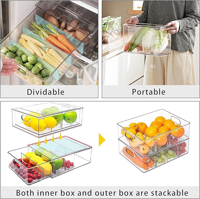 4 pack Stackable Fridge Drawers Pull-Out Bins Divided Produce Saver Containers for Refrigerator Storage Organizers for Veggie Fruit Berry Pantry Cabinet Makeup Clothes