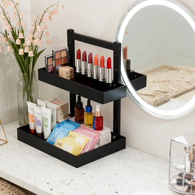 2-Tier Under Sink Pull Out Organizer, Bamboo Cabinet Storage Shelf with Adjustable Height, Slide Out for Kitchen Bathroom Pantry (Black, 1 Pack)