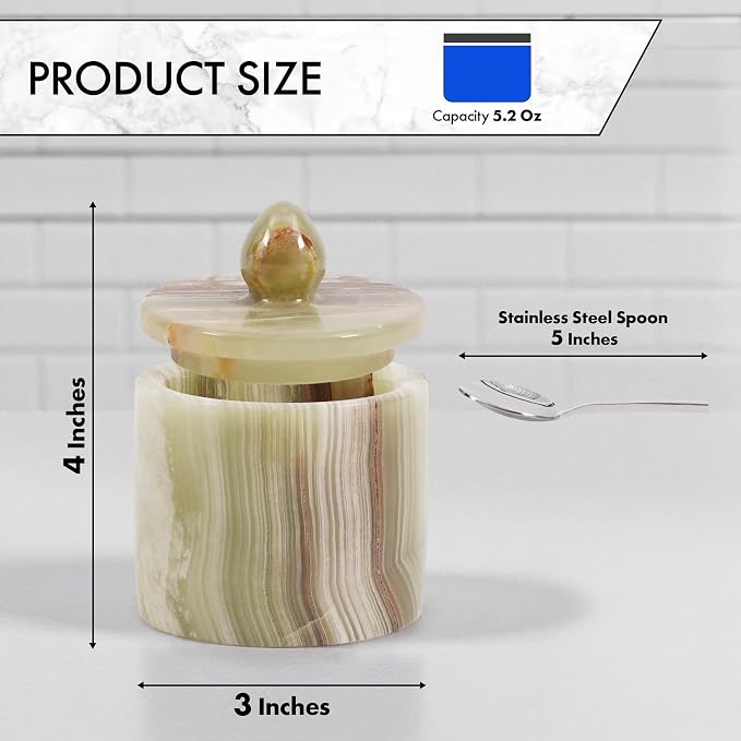 Green Onyx Salt Cellar with Lid 4 Inch – Handmade Natural Marble Salt Cellar, Kitchen Salt Container for Countertop, Refillable Salt Box for Cooking, Seasoning & Dining