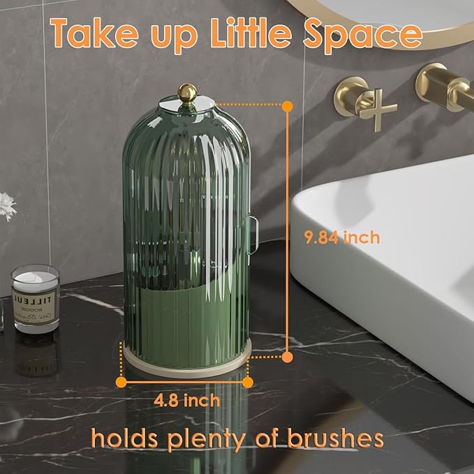YOOLENS Makeup Brush Holder with Lid 360 Rotating Clear Dustproof Make Up Organizers for Vanity Bathroom Countertop, Green Beige