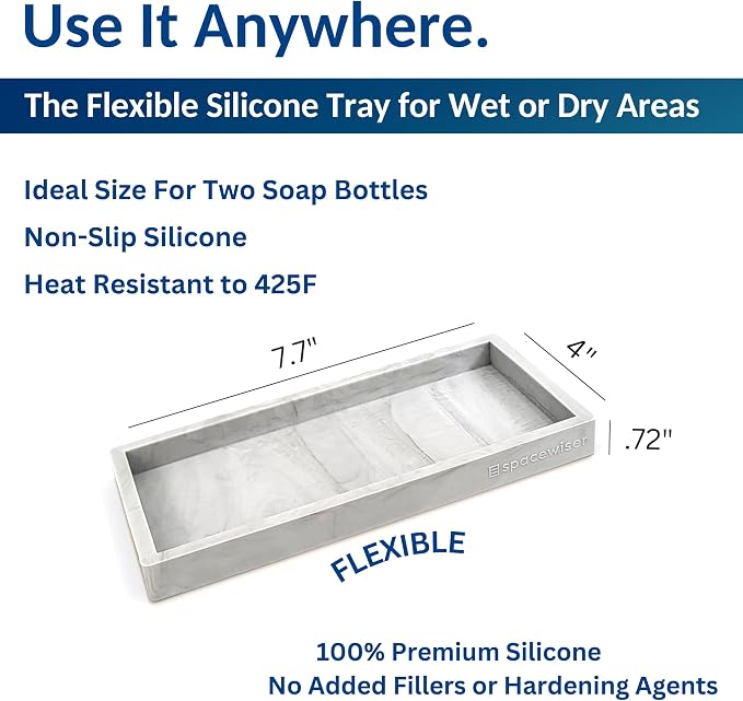 Spacewiser Countertop and Vanity Tray - 2 PC Small 7.7" Silicone Bathroom Trays, Kitchen Soap Tray, Dish Sponge Soap Holder Kitchen Sink Organizer Caddy, Bathroom Counter Trays for Lotion Dispenser