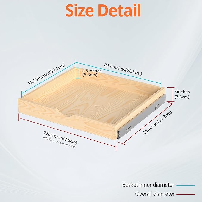ZOINLIY 27''W X 21''D X 3''H Wooden Pull Out Drawer for Cabinet, Cabinet Organizer for Kitchen, Soft Close Slide Out Shelves, Heavy Duty, Full-Extension