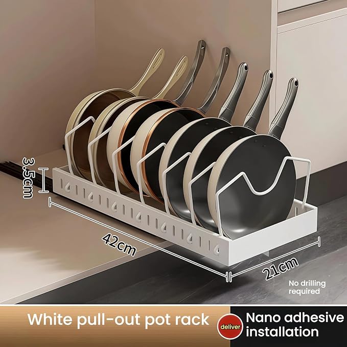 Pull out drawers Pots and Pans Organizer With M-Shaped Vertical Slots Under Cabinet，Slide Out inside Cabinet Storage for Pot Lid Holder And Spoon Rest,Dishes,7 Adjustable Dividers(White,Basic)