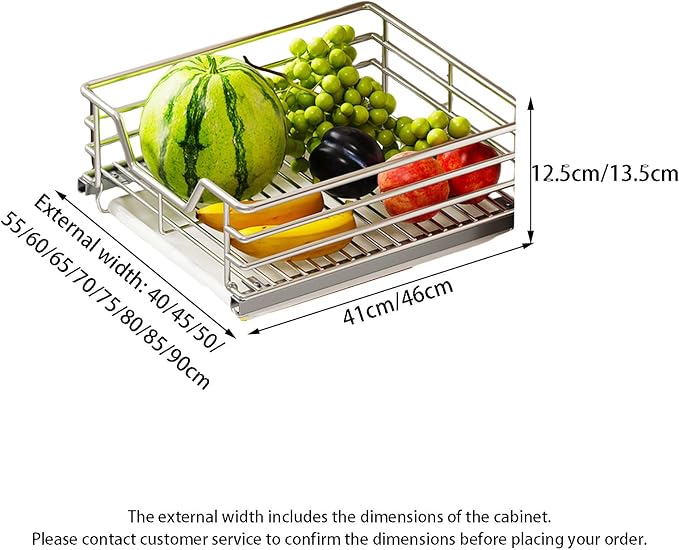 2 Pack Pull Out Cabinet Organizers with Removable Drip Tray, Slide Out Wire Storage Drawers, Heavy Duty Stainless Steel Gliding Cupboard Shelves for Kitchen, Under Sink, Bathroom