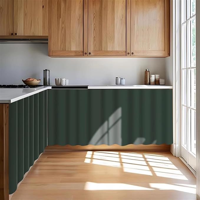 Under Sink Curtain for Closet, Privacy Short Cabinet Curtain Self Stick Adhesive Desk Skirt for Kitchen Classroom, Dark Green, 32" W x 28" L