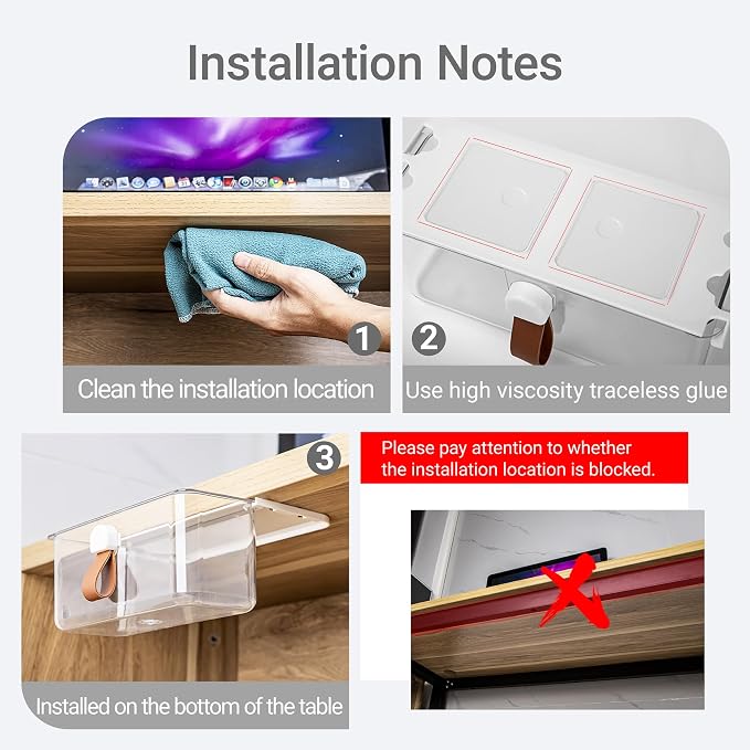 Clear Pull-Out Drawer Organizer - No-Drill Hidden Storage Tray with Handles, Transparent Plastic for Office/Kitchen/Wardrobe (2-Pack)