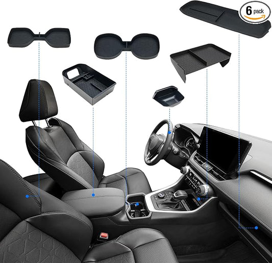 ELECFRESH 6PCS Center Console Organizer Tray for 2025 2024-2019 Toyota RAV4 Accessories, Armrest Storage Box, Driver Storage Drawer, Passenger Storage Mat Console Cup Holder Inserts for Toyota RAV4