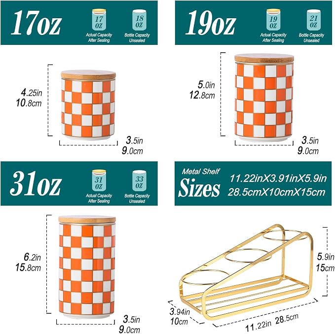 Kitchen countertop ceramic grid pattern airtight jar set - a set of 3 kitchen jars with layered shelves, sealed countertop flour and sugar containers, coffee and tea storage (Orange)