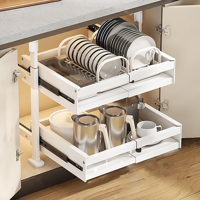 Pull Out Kitchen Cabinet s Sliding Drawers for Cupboard No Drill No Nail Slide Out Storage Solution Black Size S Maximize Kitchen Space Efficiently，White Double Layer_26*42 * 52