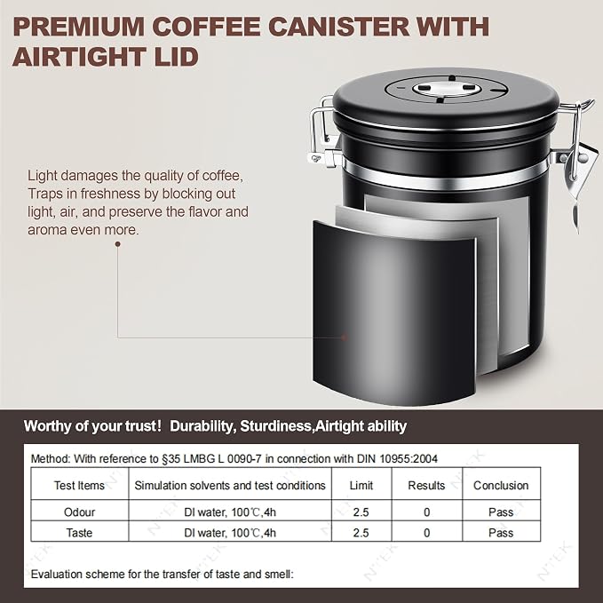 ShanSon Coffee Canister Airtight, Stainless Steel Bean Storage Container with Date Tracker & Scoop, Grounds Sugar Flour Tea Cereal Fits Kitchen Pantry, Ideal Gift for Coffee Lovers,16oz, Black