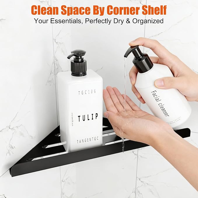 Fikoksol Shower Caddy, 2 Pack Bathroom Corner Shelf, Triangle Shelf Storage for Bathroom Shower, Black Metal Shower Shelf & Rustproof Wall Mounted Adhesive Glue Organizer Accessories and Essentials