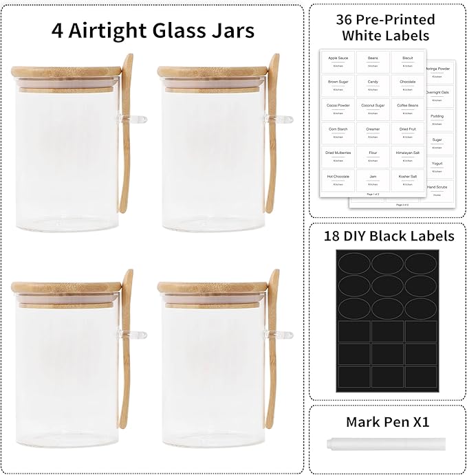 TIPGO Sugar Jar Bath Salt Container – 17 oz Glass Jar with Bamboo Lid and Spoon, Sugar Cube Holder and Canister for Countertop, Glass Containers for Coffee Beans, Tea and Overnight Oats (4 Pack)