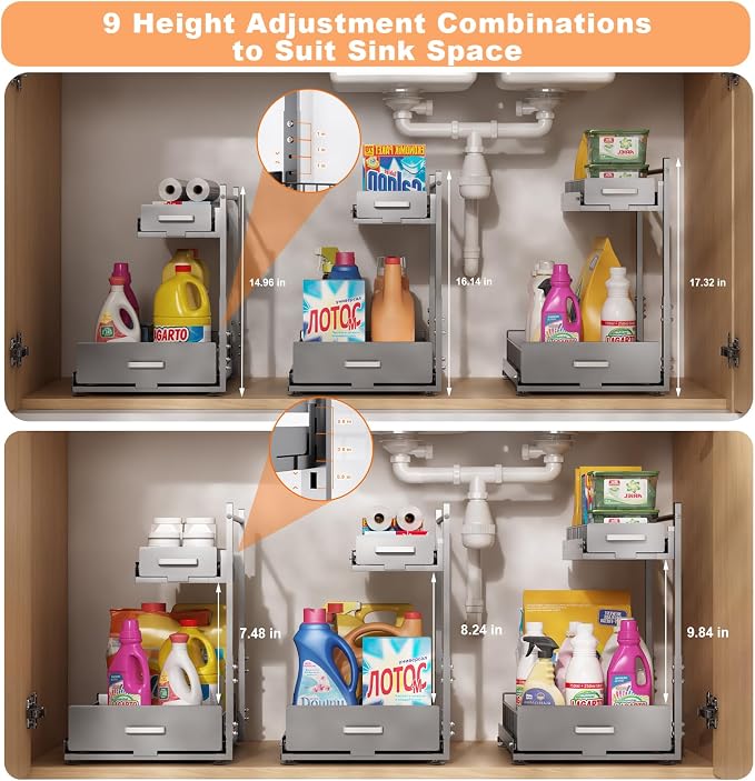 2 Pack Under Sink Organizer, 2 Tier Slide Out Cabinet Organizer with Pulley, Height Adjustable Pull Out Shelf for Kitchen, Bathroom, Laundry and Utility Storage, Gray