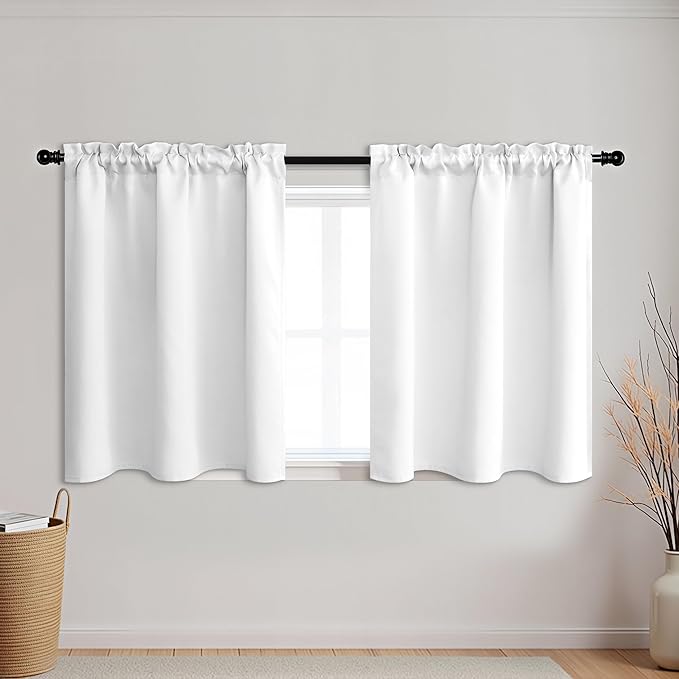 KOUFALL Small Window Curtains White Short 24 Inch Length Semi Blackout for Kitchen Bathroom Door Laundry Room