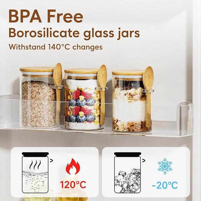 Sugar Jar Glass Salt Container,15 Ounces Clear Airtight Caning with Bamboo Lid and Spoon Scoop, Storage Overnight Oats, Salts, Coffee Bean, Spice, Creamer, Food Organizer, Pack of 1