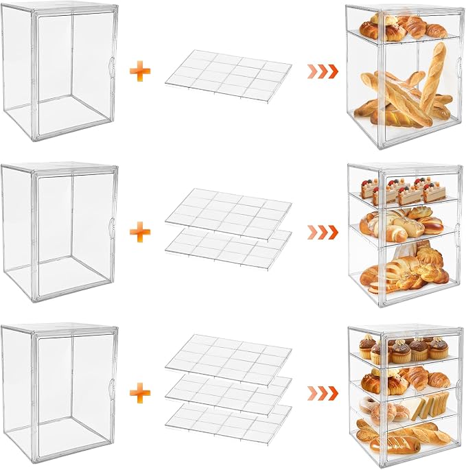 BOHOIDEE Extra Large 4 Tiers Clear Bread Box for Kitchen Counter, Acrylic Bread Keeper Stackable Storage Container Plastic Bread Bin Holder with Magnetic Door for Pantry Countertop