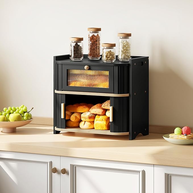 HOOBRO Bread Box, Bamboo Bread Box for Kitchen Countertop, 2 Tier Roll-Top Bread Bin, Food Storage Box, Bread Storage Container, for Kitchen, Dining Room, Black and Natural BK16MB01