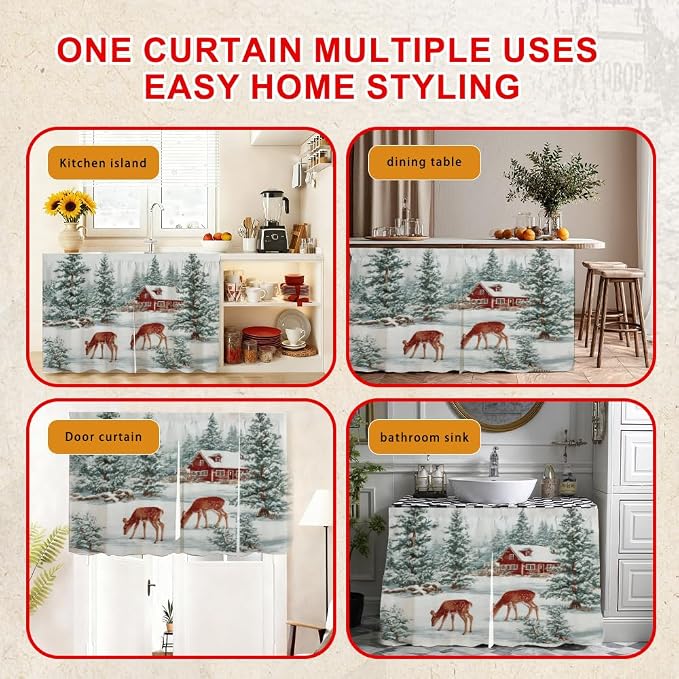 Self Adhesive Forest Deer & Red Cabin Cabinet Curtain for Mother's Day, 39x28 Inch Nature Scenery Under Sink Skirt No Drill, Spring Cleaning Kitchen Decor, Hook and Loop Laundry Valance