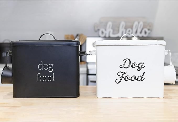 AuldHome Design Rustic Dog Food Canister, White Farmhouse Style Storage Bin for Small Dogs