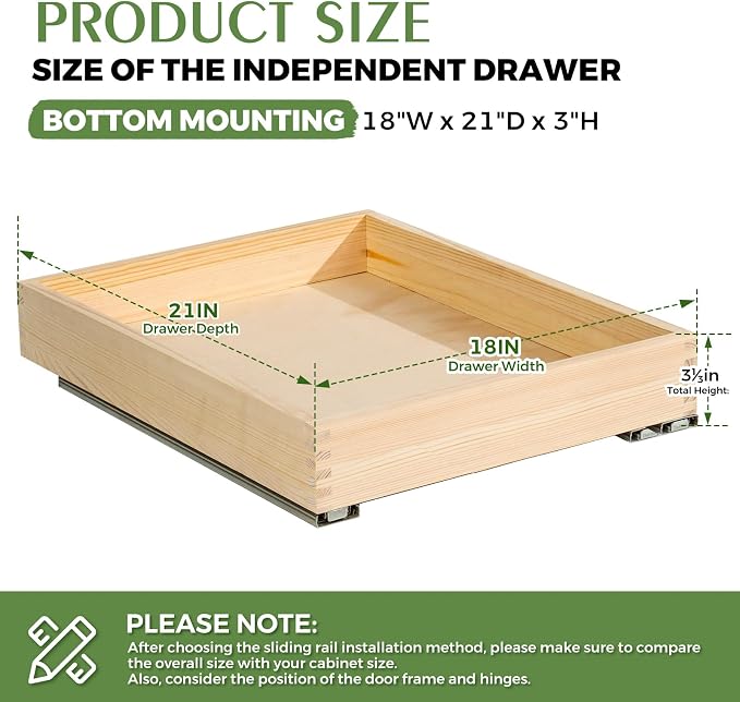 Wooden Pull Out Cabinet Organizer for Kitchen Fully Assembled 18" W x 21" D x 3" H Solid Wood Drawer with Soft Close Slides Bottom or Side Mount for Pantry Bathroom Bedroom Dining Room Storage