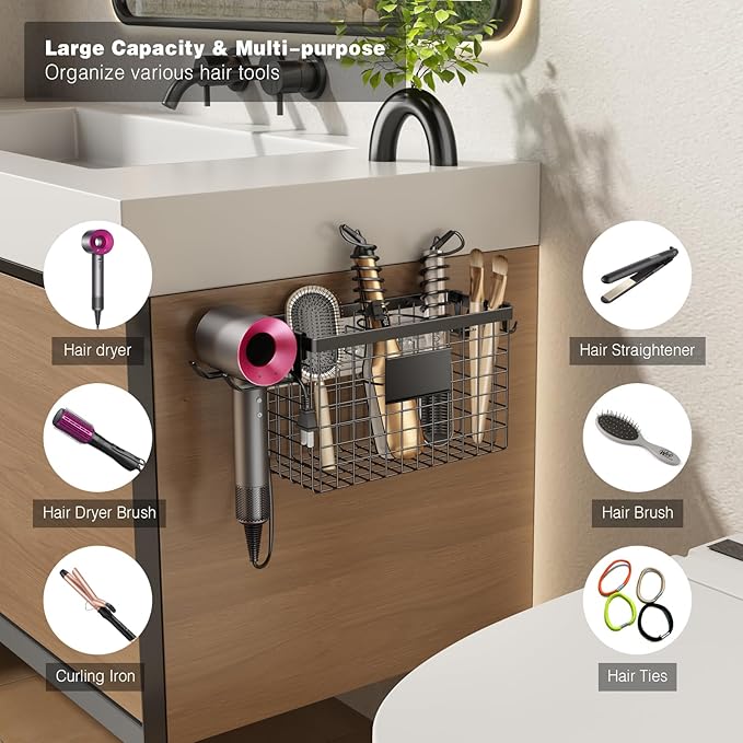 Voldra Hair Dryer Holder Cabinet Door, Adhesive Hair Tool Organizer Wall Mount Adjustable Height Blow Dryer Holder Under Sink/Countertop for Flat Curling Iron, Hair Brush and Straightener (1, Black)