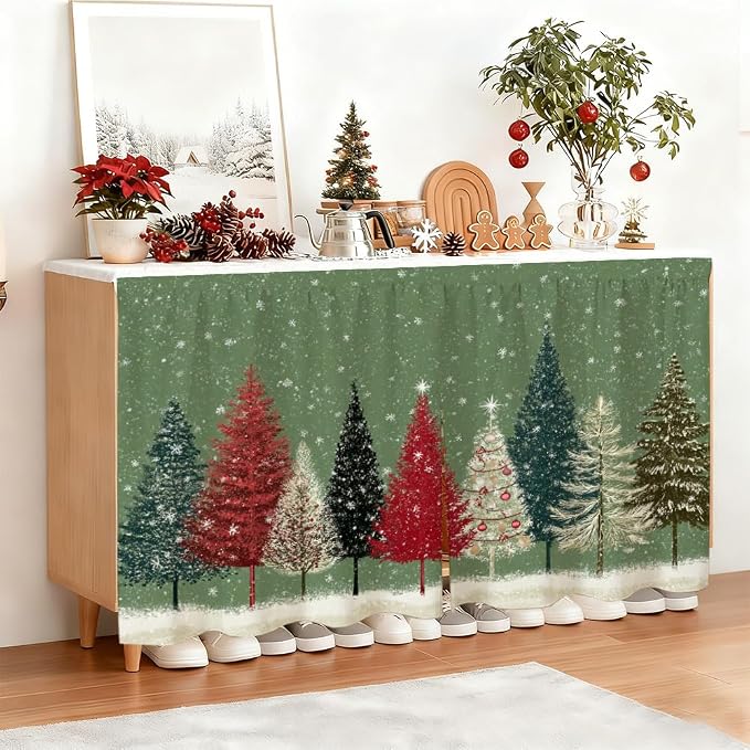 Winter Colorful Pine Trees Snowfall Scene Cabinet Curtain 39.37 x 27.56 Inch Polyester Decorative Cover for Kitchen Sink Cabinet Bathroom Vanity Laundry Area Table Window Door