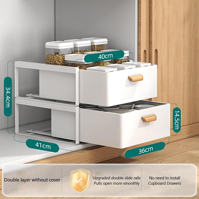 Pull Out Drawers for Cabinets Expandable Drawer Slide Out Cabinet Organizer Kitchen Extendable Drawers Storage Shelves for Kitchen Cabinets Extendable Pull Out Drawer, 40*41*34.4cm, White