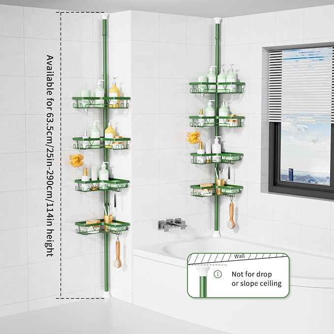 KEGII Shower Caddy Tension Pole, 4-Tier Rustproof Adjustable Corner Bathroom Organizer for Renters, 25–114.2 Inch No Drill Space-Saving Shower Storage Rack, Emerald Green
