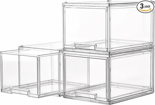 Large Clear Stackable Storage Drawers, 3 Pack Acrylic Organizer Bins for Closet, Bathroom, Kitchen, Pantry, Under Sink, Office, Laundry, Vanity, and Toy Organization, Durable Plastic, Smooth Pull-Out