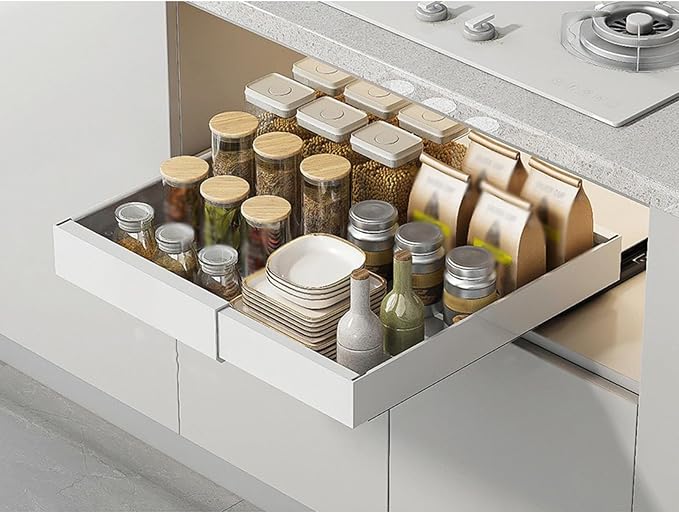 Expandable Pull-Out Cabinet, Adhesive Slide-Out Shelves,Roll-Out Drawers for Easy Access,Heavy Duty for Kitchen, Bathroom & Pantry(White,Small)
