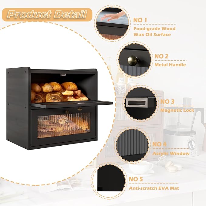 Alpeir Double Layer Large Bread Box for Kitchen Countertop, Black | Ventilation Hole, Longer Fresh, Natural Wood, Fit Homemade Bread & Baked, Extra Top Storage, Acrylic Window, Modern Style