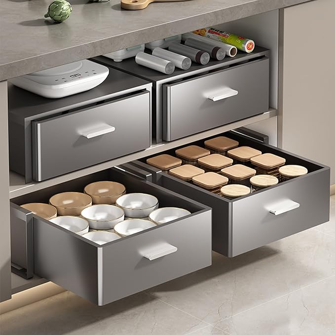 No Drill Pull Out Cabinet Organizer, 4 Pack Slide Out Drawer with Nano Film Fixed, Heavy Duty Sliding Pantry Storage Drawer (Gray 50x41x17.2cm)