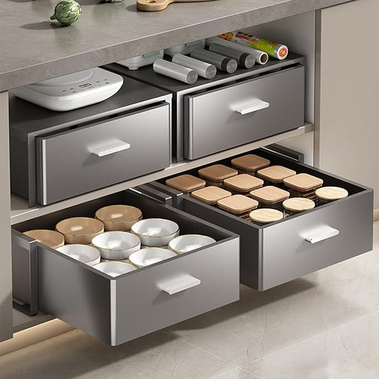No Drill Pull Out Cabinet Organizer, 4 Pack Slide Out Drawer with Nano Film Fixed, Heavy Duty Sliding Pantry Storage Drawer-Gray-40x41x17.2cm