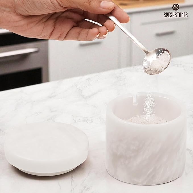White Marble Salt Cellar 3 Inch Handmade Stone Salt Containers for Countertop, 5.2 oz Sugar Jar with Lid and Spoon, Salt Bowl, Marble Salt Holder to Store Spice, Table & Flaky Salt