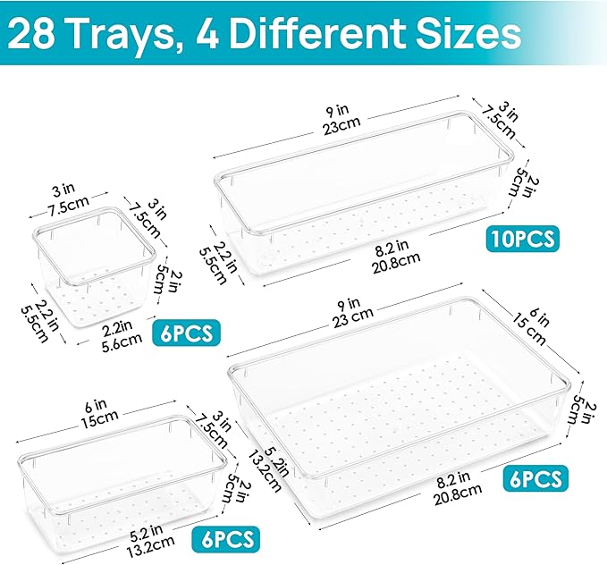 Vtopmart 28 PCS Clear Plastic Drawer Organizers Set, 4-Size Bathroom and Vanity Drawer Organizer Trays, Acrylic Storage Bins for Toiletries, Makeup, Cosmetic, Kitchen Utensils, Tool, Gadgets