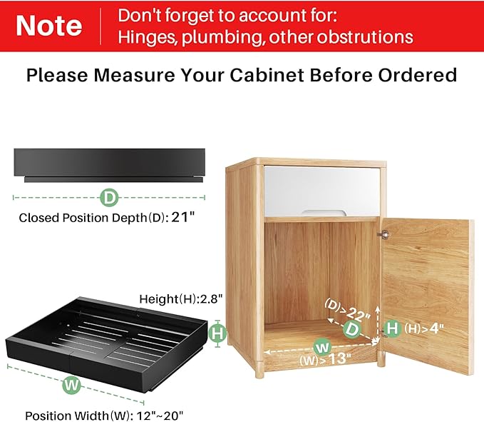 PXRACK Pull out Cabinet Organizer, Expandable(12"-20") Heavy Duty Peel and Stick Roll out Drawer for Pots and Pans, Adjustable Adhesive No Drill Screw Slide out Shelf Storage for Home Kitchen Pantry