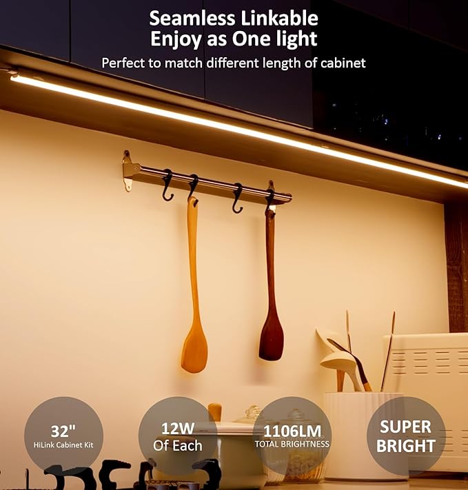 Leetdud Under Cabinet Lighting Plug in, 32 Inch 1 Pc, Linkable AC120V 3CCT 3000K/4000K/5000K Ultra Slim, LED Under Cabinet Lights for Counter Light, Kitchen, Shelf, Sink, Workshop, Desk, Bronze