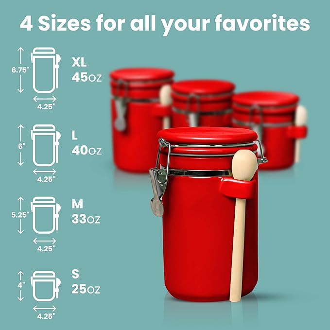 Home Intuition Smell Proof 4-Piece Ceramic Kitchen Canisters Set, Airtight Containers with Wooden Spoons Reusable Chalk Labels and Marker for Sugar, Coffee, Flour, Tea (Red)