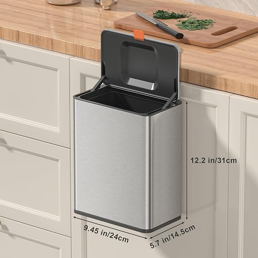 Mbillion Kitchen Compost Bin Hanging Trash Can with Lid 2.1 Gallon Stainless Steel Garbage Can for Kitchen Cabinet Door Mounted Trash Can Under Sink Door RV Bathroom,Silver