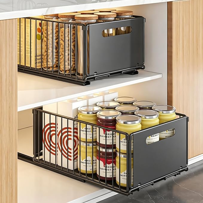 Pull out Cabinet Organizer, 2 Pack Heavy Duty Slide out Drawers Pantry Shelves with Strong Adhesive Glue and Handle for Kitchen, Living Room, Bathroom, Home (14.8" D x 9.6" W x 7.48" H)